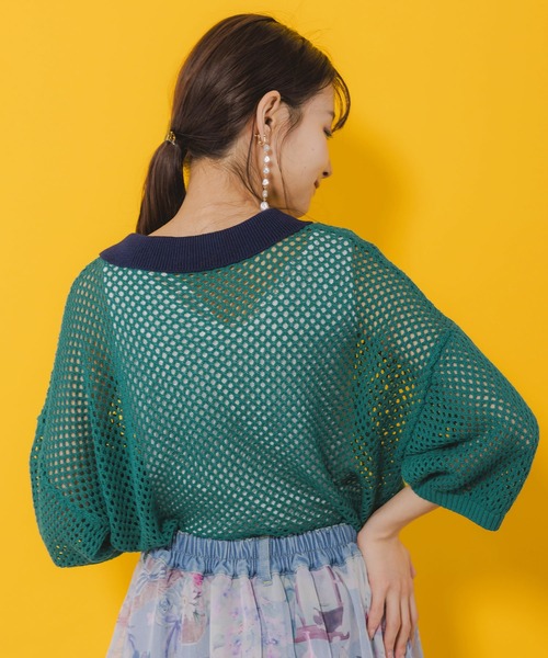 セール】552226：花蝶刺繍 メッシュ編みシャツ（ニット/セーター