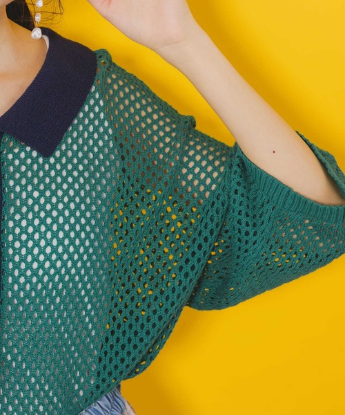 552226：花蝶刺繍 メッシュ編みシャツ（ニット/セーター）｜iS