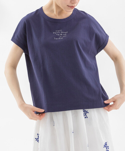 USコットン書き文字ロゴ刺繍フレンチTシャツ セール】USコットン書き文字ロゴ刺繍フレンチTシャツ（Tシャツ
