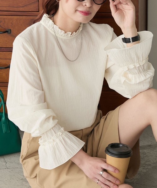 フリルブラウス マシンウォッシャブル】シアーコットンフリルブラウス/インナー