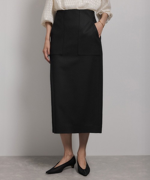 美人スカート]ウールレーヨンポケット付きタイトスカート(無地