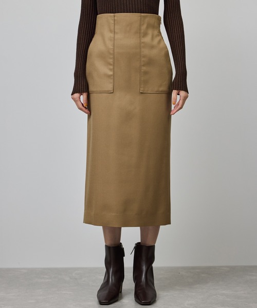 美人スカート]ウールレーヨンポケット付きタイトスカート(無地