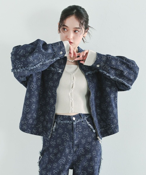 セール】フラワー柄フリンジデニムジャケット/セットアップ対応