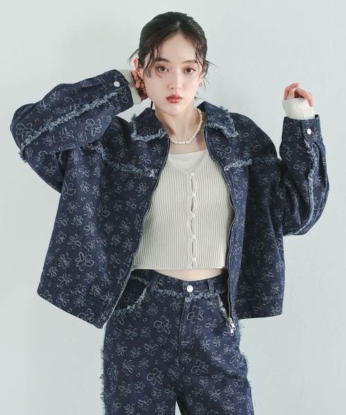 フラワー柄フリンジデニムジャケット/セットアップ対応