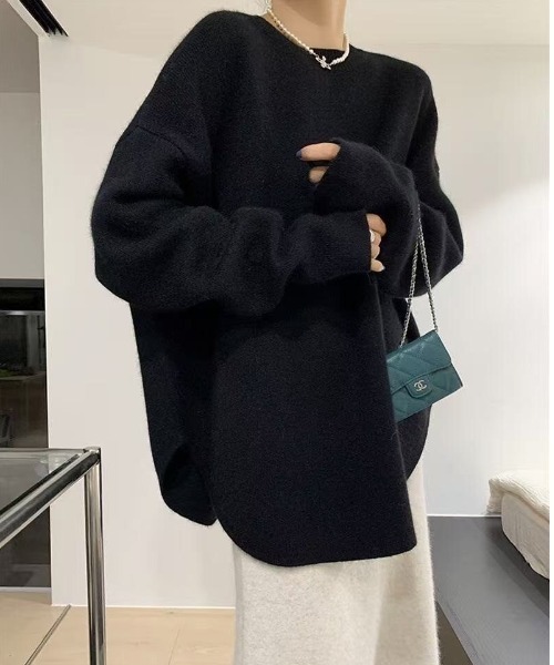 cammie(キャミー)の「ラウンドカットクルーネックニット(ニット/セーター・レディース・オフホワイト/ブラック/モカ・F)」の2枚目の写真