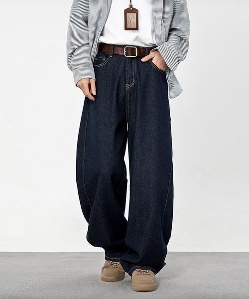 セール】LOFN ワンウォッシュ バレルレッグ ワイド デニムパンツ