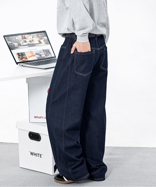 セール】LOFN ワンウォッシュ バレルレッグ ワイド デニムパンツ