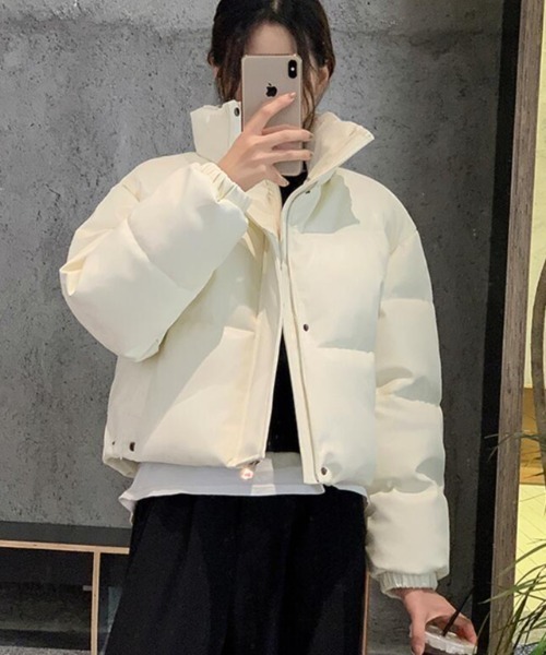 セール】レザー風ダウンジャケット ハイネック・ボリュームスリーブ