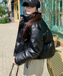 semplice(センプリチェ)のレザー風ダウンジャケット ハイネック・ボリュームスリーブ(ダウンジャケット/コート)