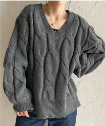 オーバーサイズ長袖深Vネックざっくりケーブルニット