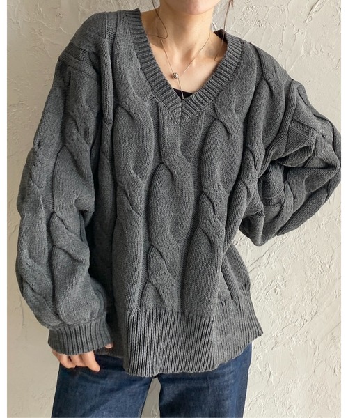 セール】オーバーサイズ長袖深Vネックざっくりケーブルニット（ニット