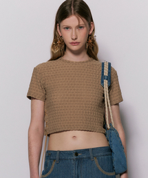 Suede string side detail crop knit beige