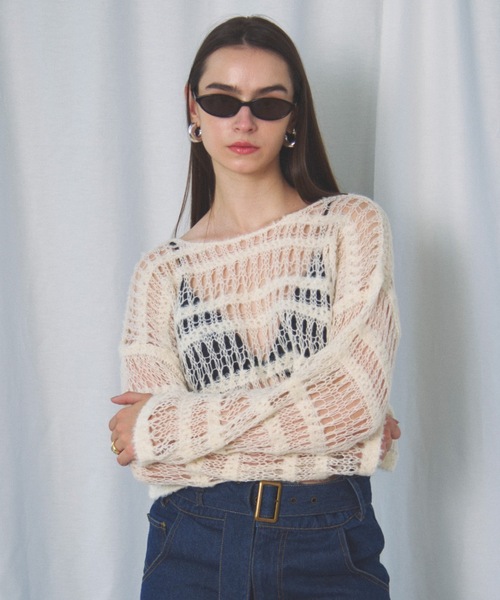 CIEL'AIR(シエルエアー)の「BOUCLE SHORT SWEATER(ブークレショートセーター)(ニット/セーター・レディース・アイボリー/ブラック・FREE)」の1枚目の写真