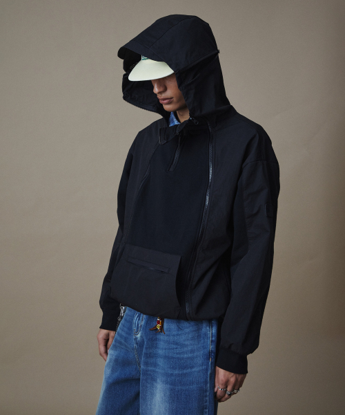 CN ミックスドオープンフードパーカースウェットジャケット ブラック_FR1KH50U