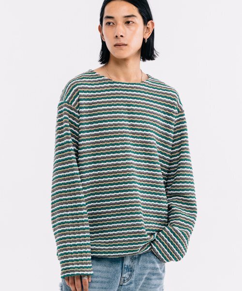 VASTIC(バスティック)の「オーバーサイズ グランジストライプニット_グリーン(ニット/セーター・メンズ・その他・MEDIUM/LARGE)」の1枚目の写真