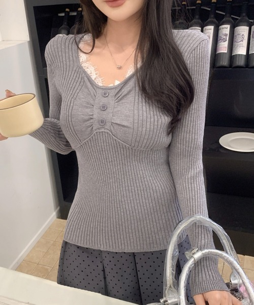 Achic(アシック)の「レースレイヤード風 ギャザーデザインリブロンT(Tシャツ/カットソー・レディース・ホワイト/オートミール/グレー/アイボリー/ブラック・M)」の9枚目の写真