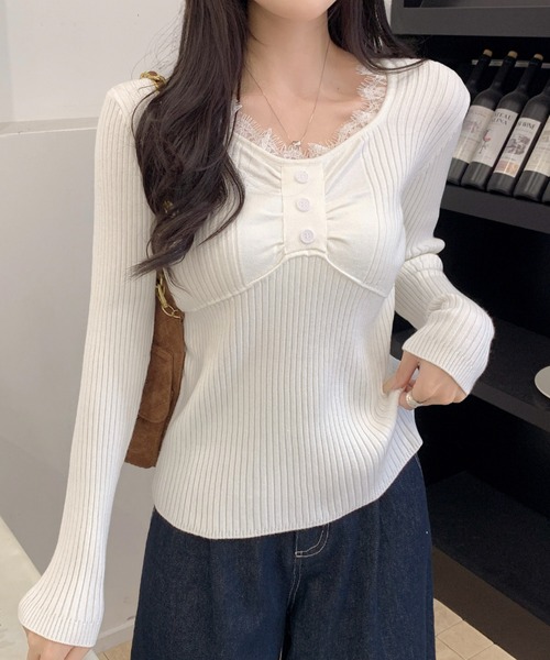 Achic(アシック)の「レースレイヤード風 ギャザーデザインリブロンT(Tシャツ/カットソー・レディース・ホワイト/オートミール/グレー/アイボリー/ブラック・M)」の12枚目の写真