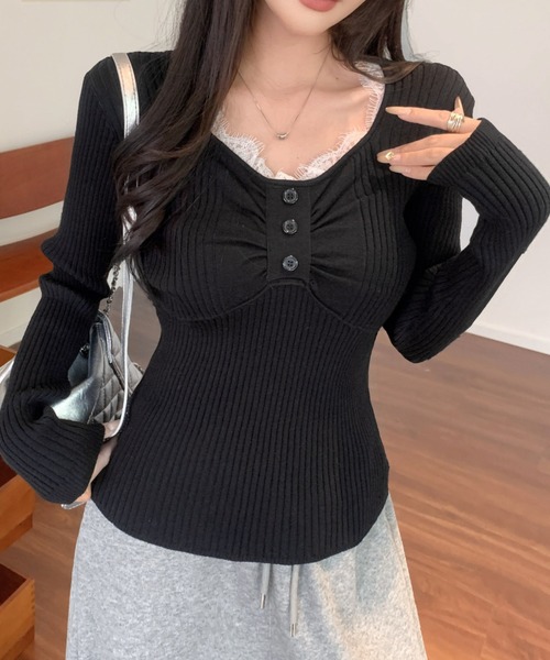Achic(アシック)の「レースレイヤード風 ギャザーデザインリブロンT(Tシャツ/カットソー・レディース・ホワイト/オートミール/グレー/アイボリー/ブラック・M)」の13枚目の写真
