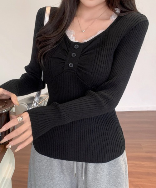 Achic(アシック)の「レースレイヤード風 ギャザーデザインリブロンT(Tシャツ/カットソー・レディース・ホワイト/オートミール/グレー/アイボリー/ブラック・M)」の14枚目の写真