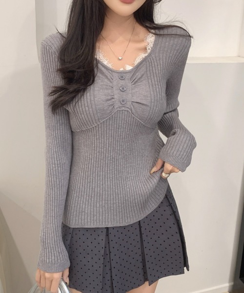 Achic(アシック)の「レースレイヤード風 ギャザーデザインリブロンT(Tシャツ/カットソー・レディース・ホワイト/オートミール/グレー/アイボリー/ブラック・M)」の15枚目の写真