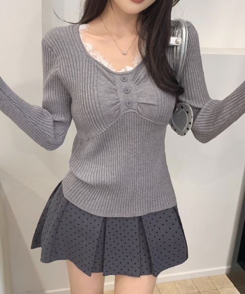 Achic(アシック)の「レースレイヤード風 ギャザーデザインリブロンT(Tシャツ/カットソー・レディース・ホワイト/オートミール/グレー/アイボリー/ブラック・M)」の16枚目の写真