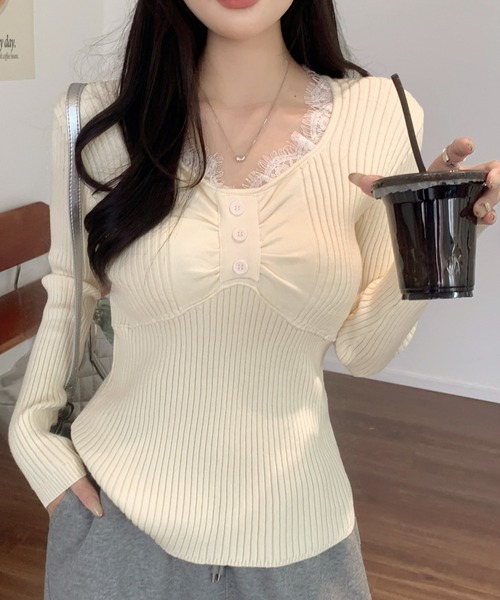 Achic(アシック)の「レースレイヤード風 ギャザーデザインリブロンT(Tシャツ/カットソー・レディース・ホワイト/オートミール/グレー/アイボリー/ブラック・M)」の17枚目の写真