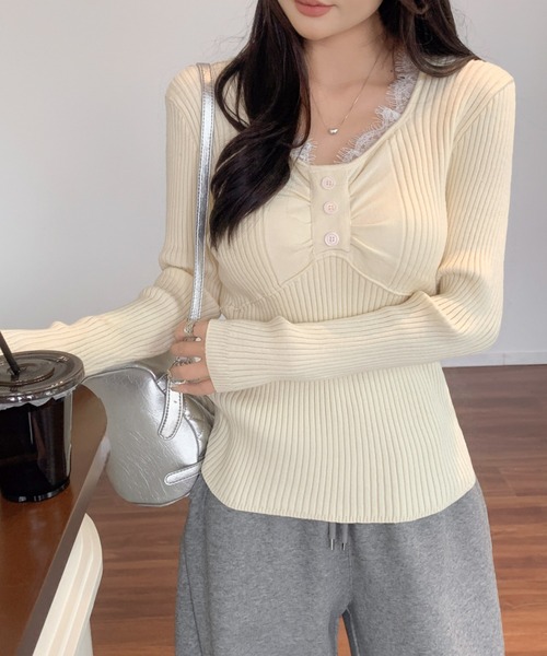 Achic(アシック)の「レースレイヤード風 ギャザーデザインリブロンT(Tシャツ/カットソー・レディース・ホワイト/オートミール/グレー/アイボリー/ブラック・M)」の18枚目の写真