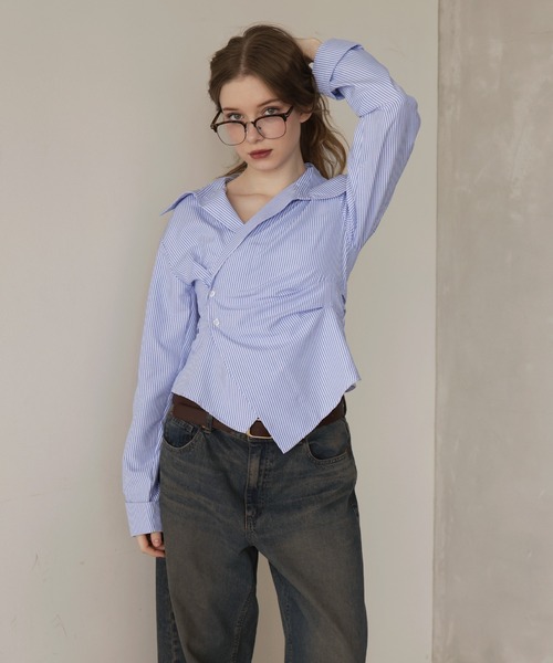 Mili affinity（ミリアフィニティー）の「ウエストタッククロス長袖シャツ（シャツ/ブラウス・レディース・イエロー/ブラック/オフホワイト/グレー/ブルー/ストライプ・FREE）」の6枚目の写真