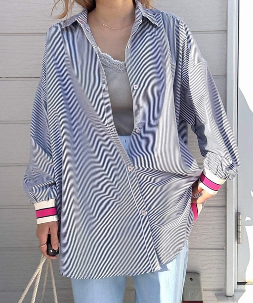 Q（キュー）の「ピンストライプリブドッキングシャツ（シャツ/ブラウス・レディース・ネイビー/ベージュ・MEDIUM）」の19枚目の写真