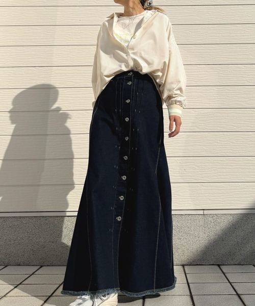 Q（キュー）の「ピンストライプリブドッキングシャツ（シャツ/ブラウス・レディース・ネイビー/ベージュ・MEDIUM）」の14枚目の写真