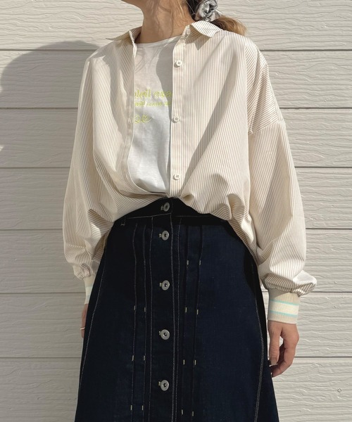 Q（キュー）の「ピンストライプリブドッキングシャツ（シャツ/ブラウス・レディース・ネイビー/ベージュ・MEDIUM）」の7枚目の写真