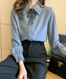 配色ステッチリボンタイブラウス