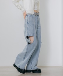 【ウエストサイドボタンで自由にフィット】2WAYスリットデニムパンツ　654131