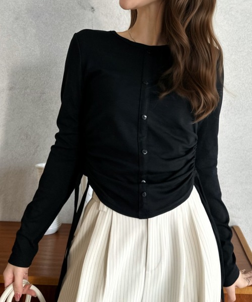 Eclat one(エクラワン)の「【Eclat one】サイドギャザー ドロスト ロングスリーブ カットソー(Tシャツ/カットソー・レディース・ブラック/ホワイト/グレー・FREE)」の16枚目の写真