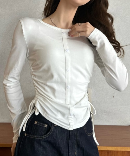Eclat one(エクラワン)の「【Eclat one】サイドギャザー ドロスト ロングスリーブ カットソー(Tシャツ/カットソー・レディース・ブラック/ホワイト/グレー・FREE)」の5枚目の写真