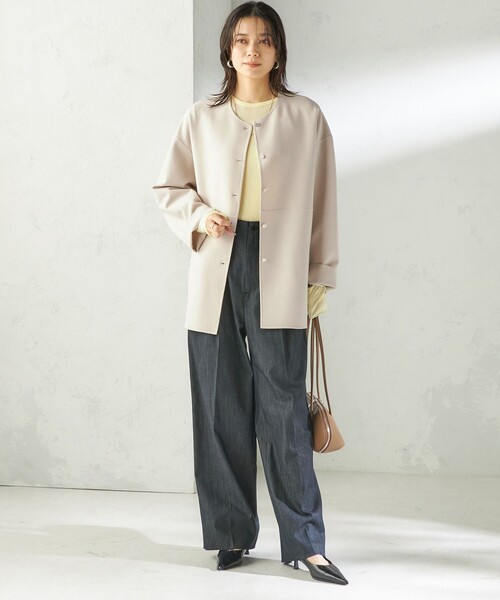SHIPS(シップス)の「〈手洗い可能〉ストレッチ 二重織 リバー 仕立て ノーカラー コート(ノーカラーコート・レディース・ネイビー/ベージュ/グレー・ONE SIZE)」の4枚目の写真