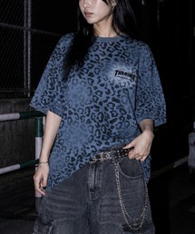 【at】〔THRASHER/スラッシャー〕裏毛/カットデニム レオパード スプレー加工 半袖Tシャツ