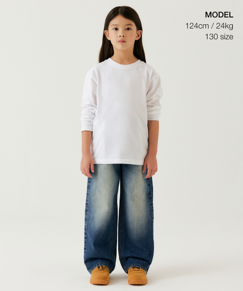 MUSINSA STANDARD KIDS（ムシンサスタンダードキッズ）の「ビッグブラシワイドバンディングデニムパンツ[ミディアムインディゴ]（デニムパンツ・レディース・その他・100/110/120/130/140/150/160）」の2枚目の写真