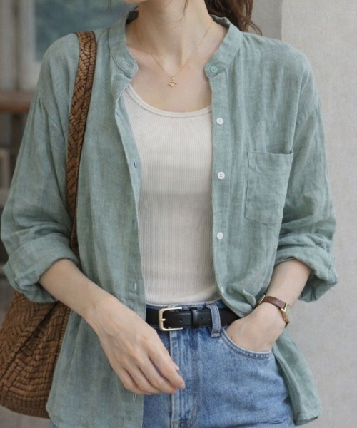 SallyLunn（サリーラン）の「ナチュラルバンドカラーシャツ（シャツ/ブラウス・レディース・ネイビー/ベージュ/グレー/ブルー/ホワイト・MEDIUM/LARGE）」の5枚目の写真
