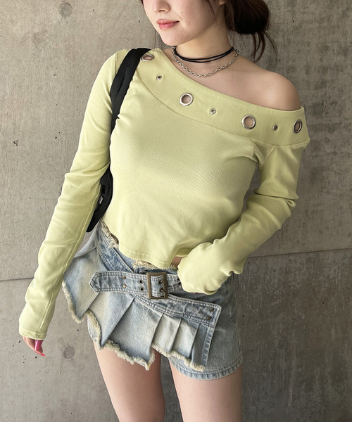 SPIRALGIRL（スパイラルガール）の「アイレットワンショルトップス（Tシャツ/カットソー・レディース・ホワイト/グリーン/ブラック・FREE）」の3枚目の写真