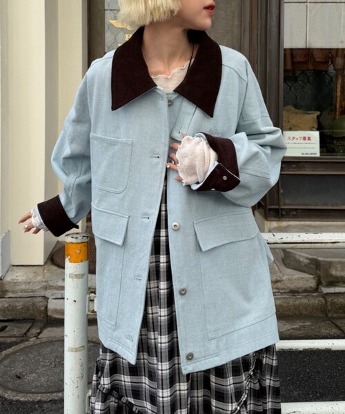 w closet（ダブルクローゼット）の「配色カバーオール（ブルゾン・レディース・ピンク/サックスブルー/アイボリー・FREE）」の2枚目の写真