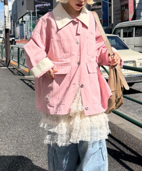 w closet（ダブルクローゼット）の「配色カバーオール（ブルゾン・レディース・ピンク/サックスブルー/アイボリー・FREE）」の3枚目の写真