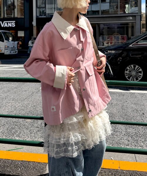 w closet（ダブルクローゼット）の「配色カバーオール（ブルゾン・レディース・ピンク/サックスブルー/アイボリー・FREE）」の8枚目の写真