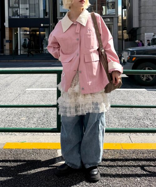 w closet（ダブルクローゼット）の「配色カバーオール（ブルゾン・レディース・ピンク/サックスブルー/アイボリー・FREE）」の9枚目の写真