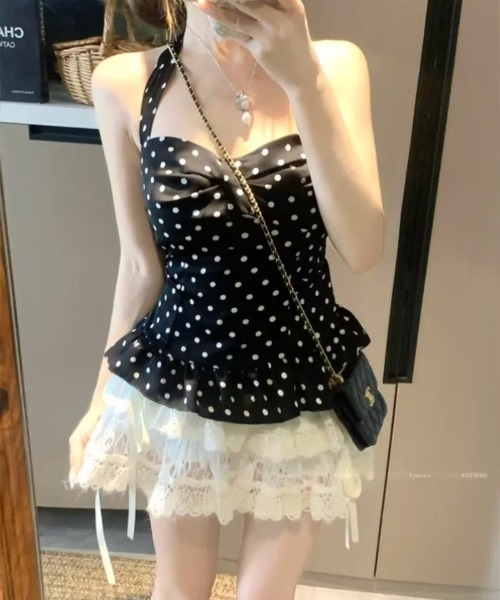 Ritzy(リッツィー)の「ドット柄 ホルターネック フリルトップス(キャミソール・レディース・ホワイト/ブラック・FREE)」の21枚目の写真