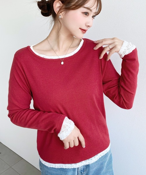 moment+(モーメントプラス)の「クルーネックレースレイヤード長袖カットソー(無地+レース2枚セット)(Tシャツ/カットソー・レディース・レッド/ピンク/オフホワイト/杢グレー/ブルー/イエロー/ネイビー/ブラック・M)」の8枚目の写真