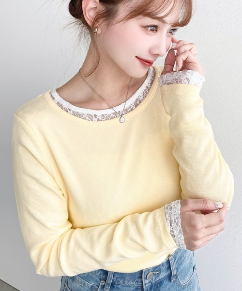 moment+(モーメントプラス)の「クルーネックレースレイヤード長袖カットソー(無地+レース2枚セット)(Tシャツ/カットソー・レディース・レッド/ピンク/オフホワイト/杢グレー/ブルー/イエロー/ネイビー/ブラック・M)」の7枚目の写真