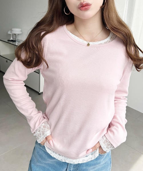 moment+(モーメントプラス)の「クルーネックレースレイヤード長袖カットソー(無地+レース2枚セット)(Tシャツ/カットソー・レディース・レッド/ピンク/オフホワイト/杢グレー/ブルー/イエロー/ネイビー/ブラック・M)」の13枚目の写真