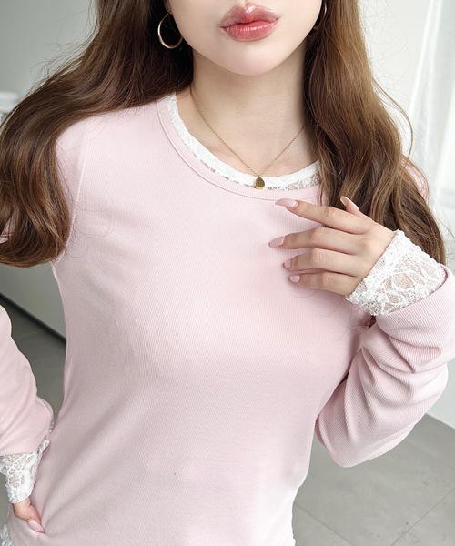 moment+(モーメントプラス)の「クルーネックレースレイヤード長袖カットソー(無地+レース2枚セット)(Tシャツ/カットソー・レディース・レッド/ピンク/オフホワイト/杢グレー/ブルー/イエロー/ネイビー/ブラック・M)」の17枚目の写真