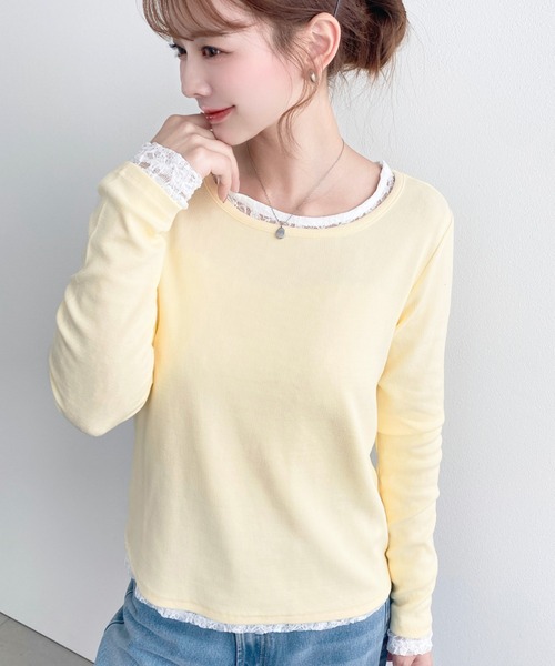 moment+(モーメントプラス)の「クルーネックレースレイヤード長袖カットソー(無地+レース2枚セット)(Tシャツ/カットソー・レディース・レッド/ピンク/オフホワイト/杢グレー/ブルー/イエロー/ネイビー/ブラック・M)」の10枚目の写真